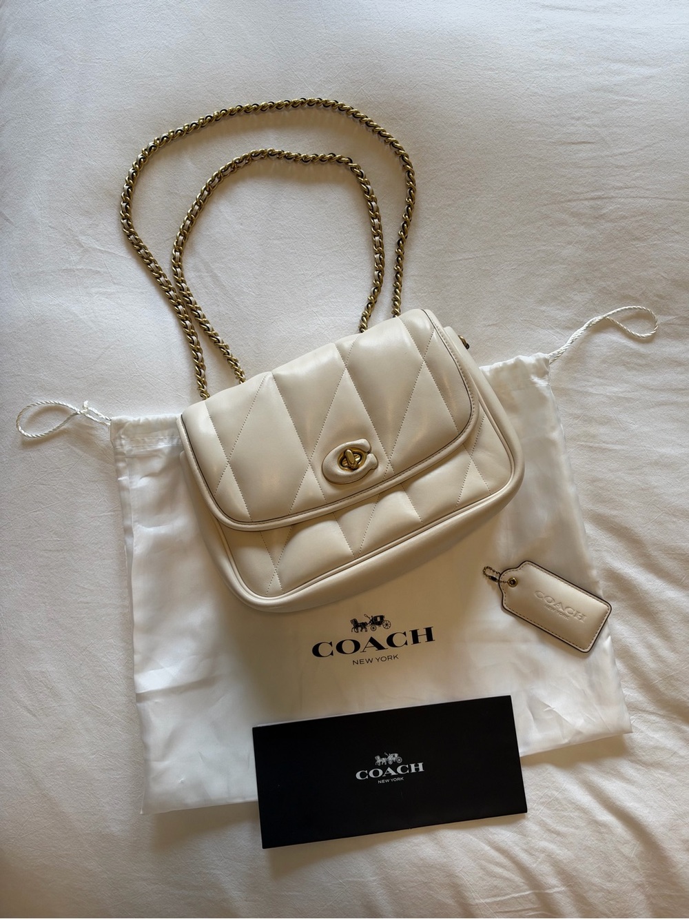 Coach Cream Quilted Leather Shoulder Bag with Gold Chain